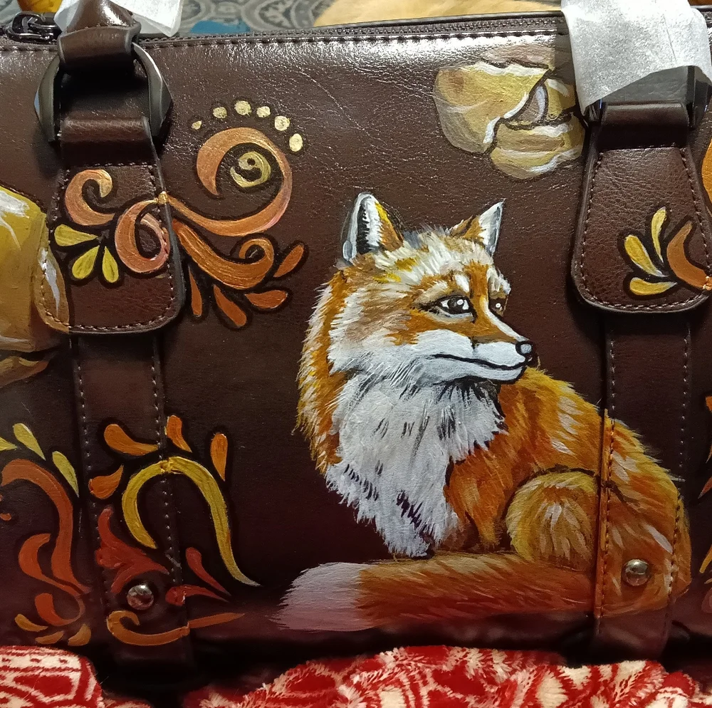 Unique HAND PAINTED Genuine LEATHER Brown *NWT* Handbag Orange Fox Gold Flowers - Picture 12 of 12